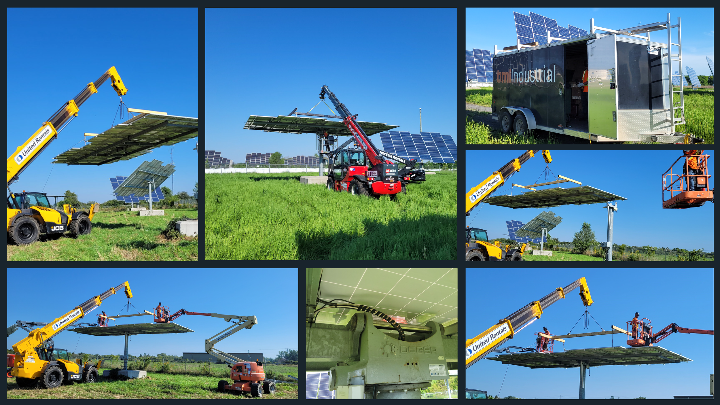 A collaborative effort to install solar panels on solar tracking equipment, involving crane and lift operators, with a trailer and a warehouse nearby.