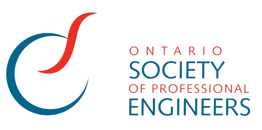 Logo of Ontario Society of Professional Engineers featuring a stylized blue and red swirl design and the organization's name in red and blue text.