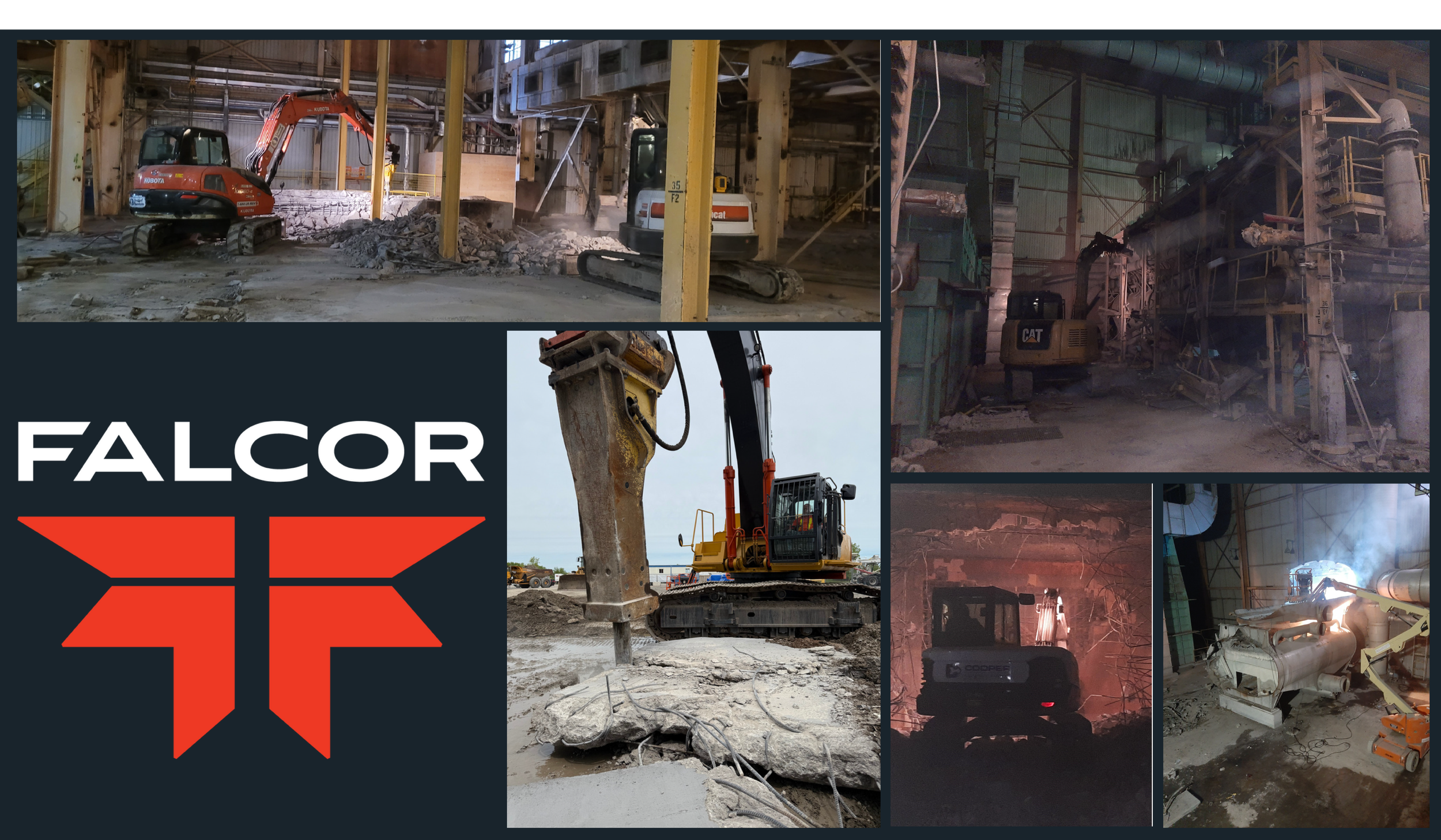 Photos of construction and industrial work sites featuring excavators, machinery, and heavy equipment.
