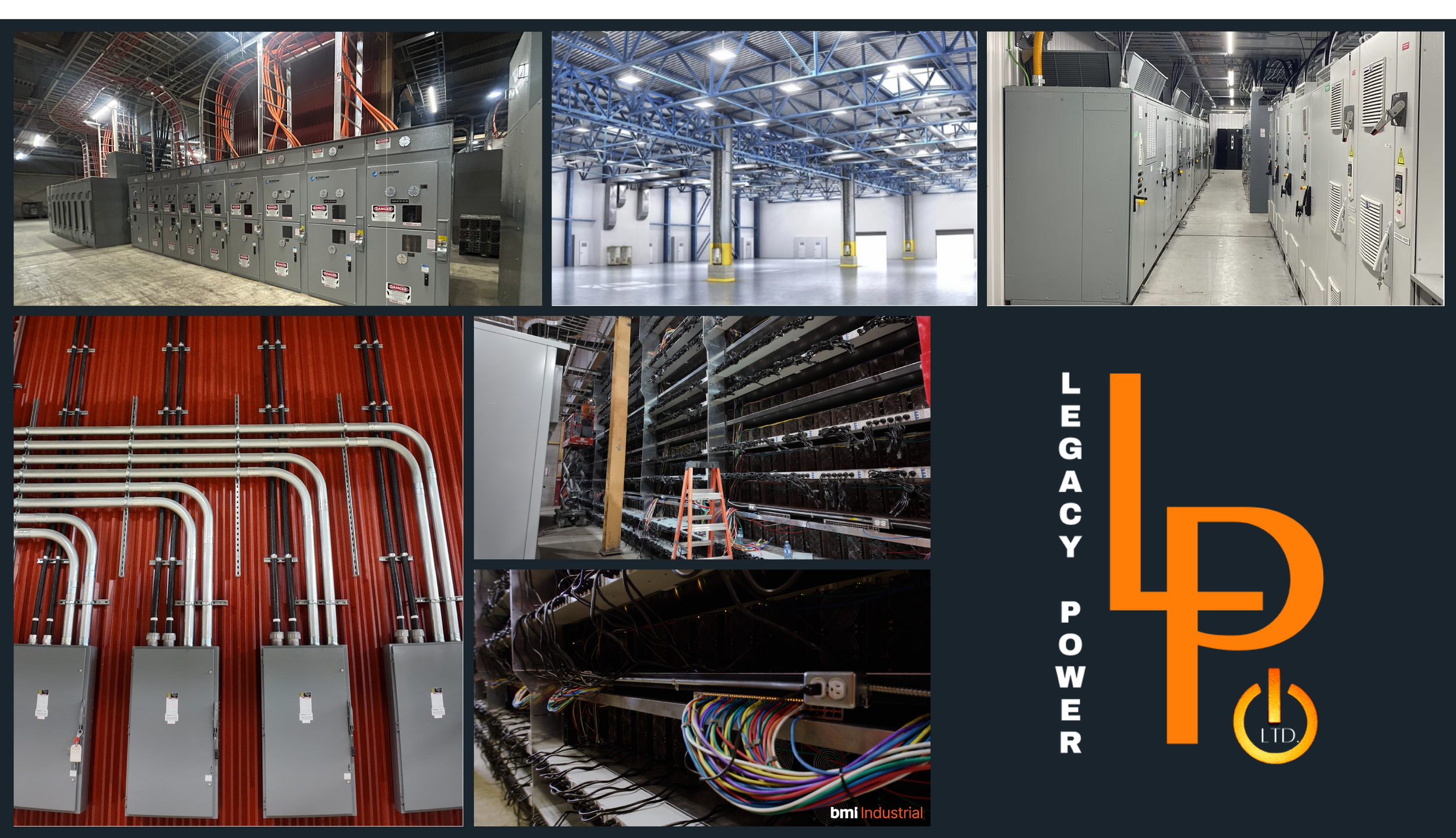 Collage of images featuring electrical and power infrastructure, including control panels, server rooms, electrical wiring, and industrial facilities, with a company logo for Legacy Power Ltd.