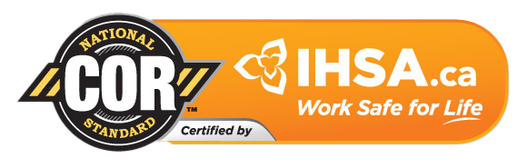 Certification badge for COR™ (Certificate of Recognition) with IHSA.ca logo and slogan 'Work Safe for Life' on an orange background.