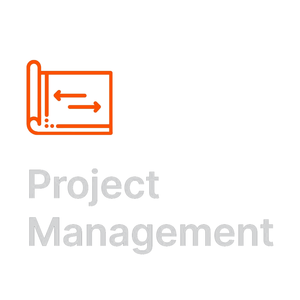 Icon of a rolled-up blueprint with arrows indicating movement, above the words "Project Management" in gray text.