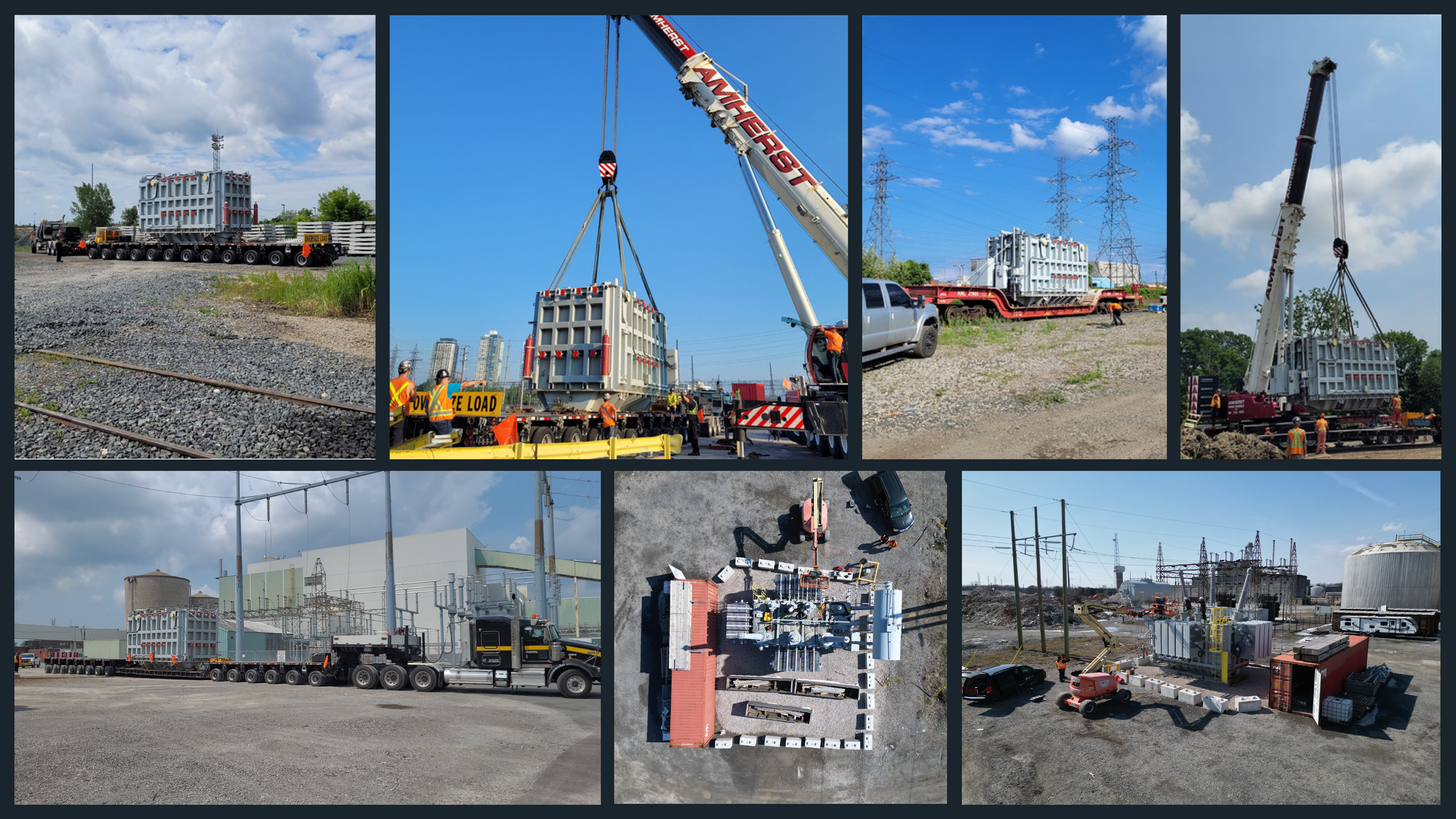 Construction site with large industrial equipment, trucks, cranes lifting heavy structures, and workers in safety vests and helmets
