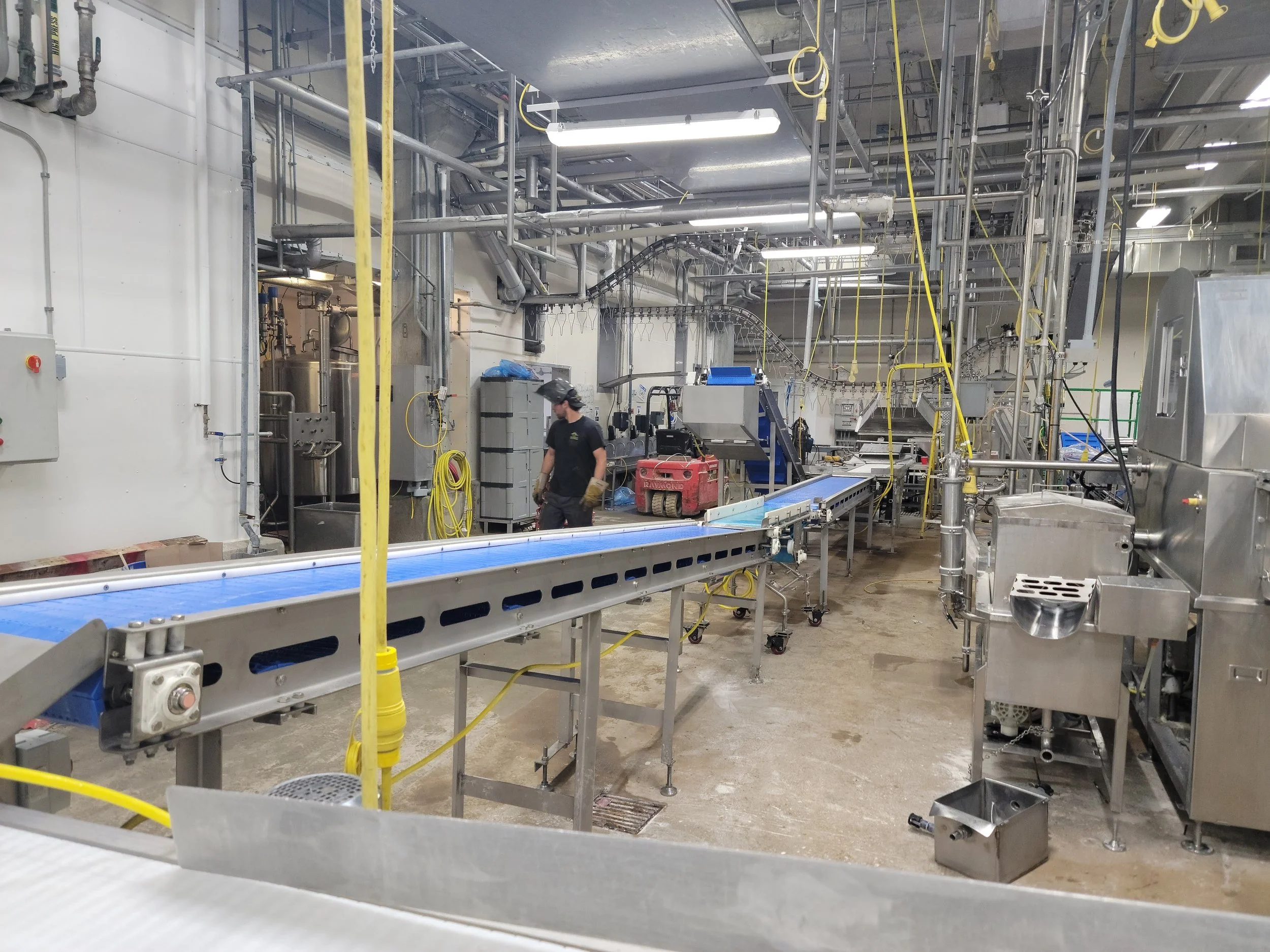 Industrial food processing plant with conveyor belts, stainless steel equipment, and machinery. A worker wearing black shirt, gloves, and a helmet is present.