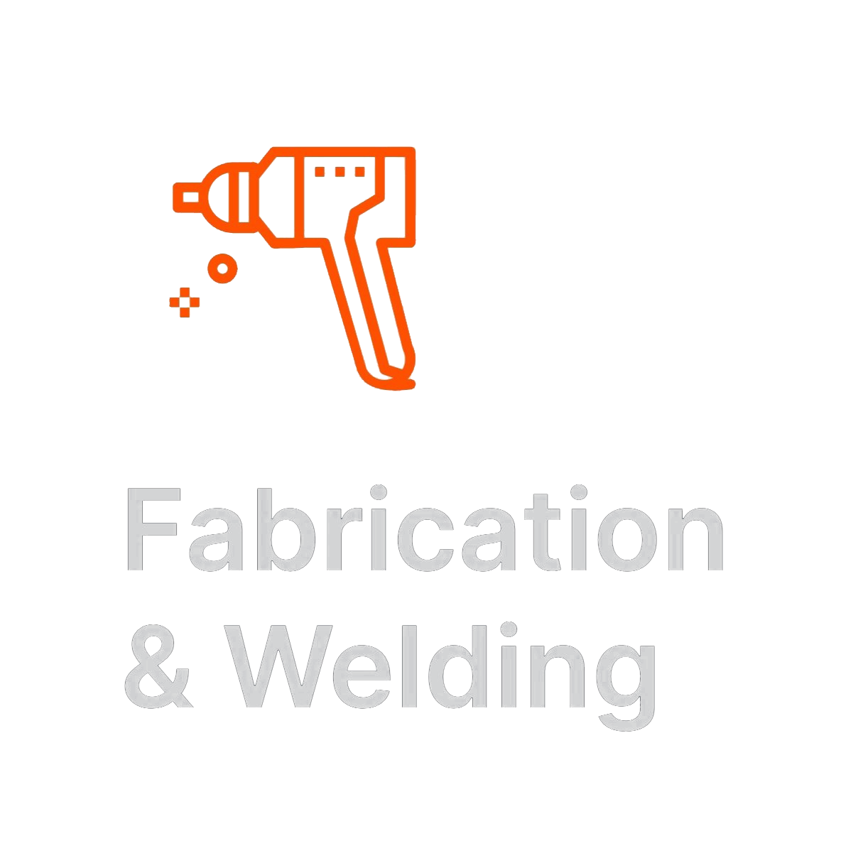A logo featuring a stylized orange and beige drill with the words 'Fabrication & Welding' in metallic gray text beneath it.