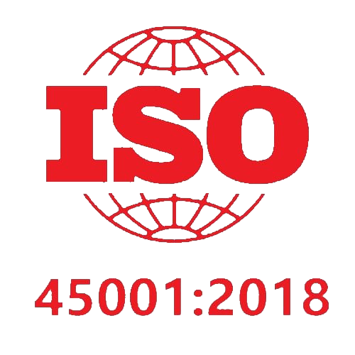 ISO logo featuring a red globe with latitude and longitude lines and the text 'ISO 45001:2018' in red below.
