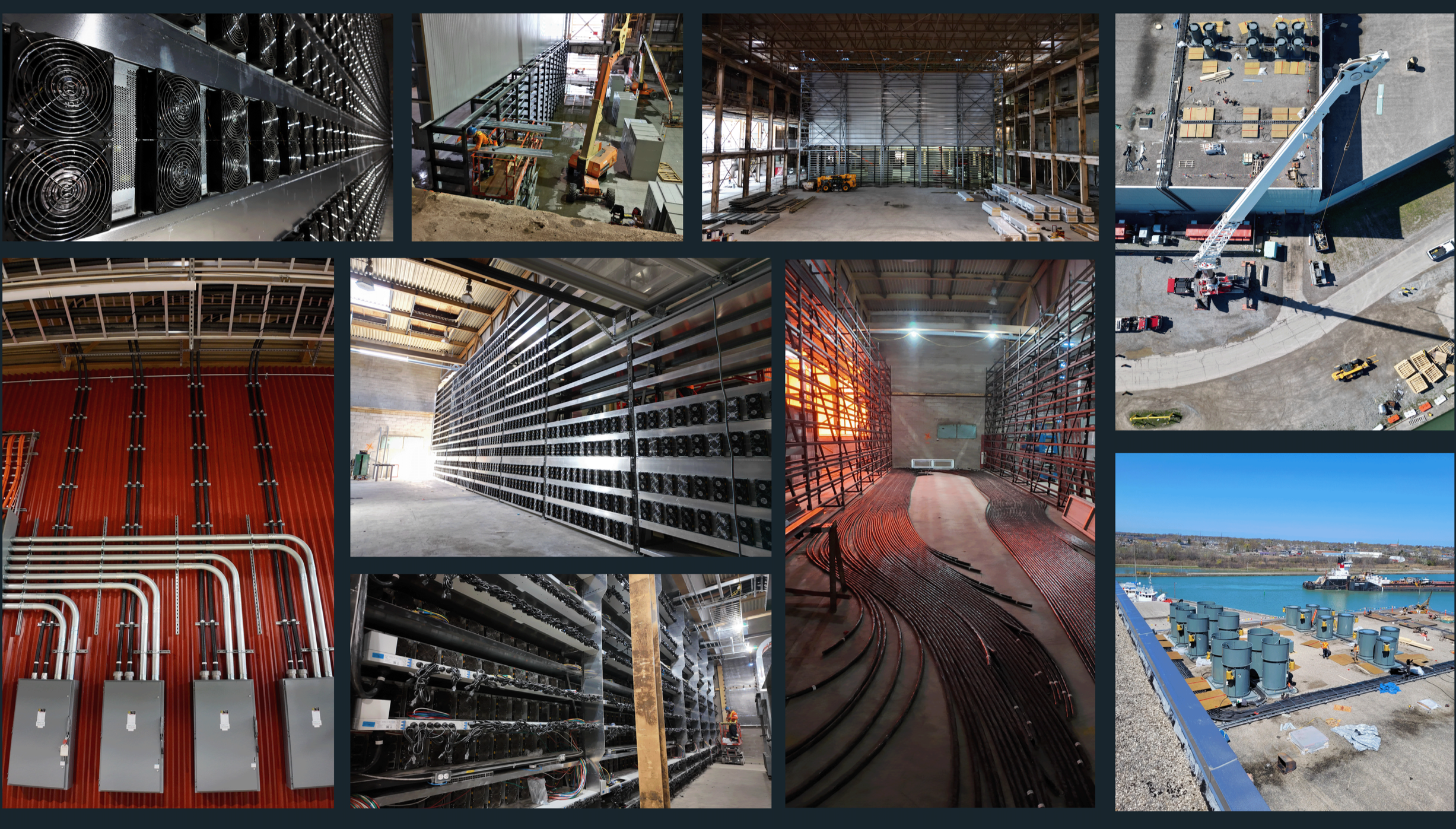 Collage of construction and industrial scenes including server rooms, cranes, building frames, electrical wiring, and industrial equipment at a construction site.