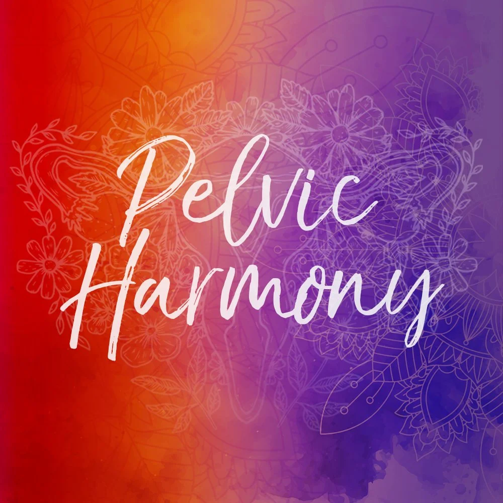 Colorful background with floral and mandala designs and the text 'Pelvic Harmony' in white, cursive script.