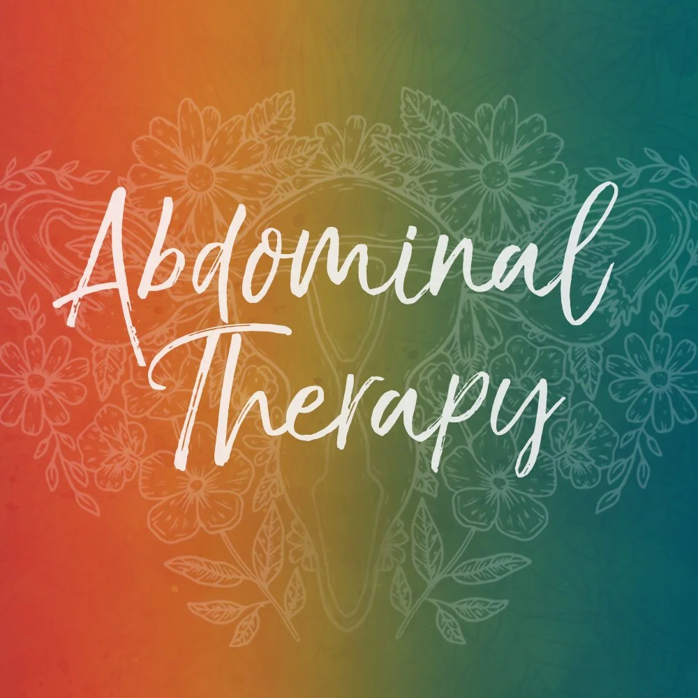 Colorful background with the words 'Abdominal Therapy' in white script font, overlaid on a decorative floral design.