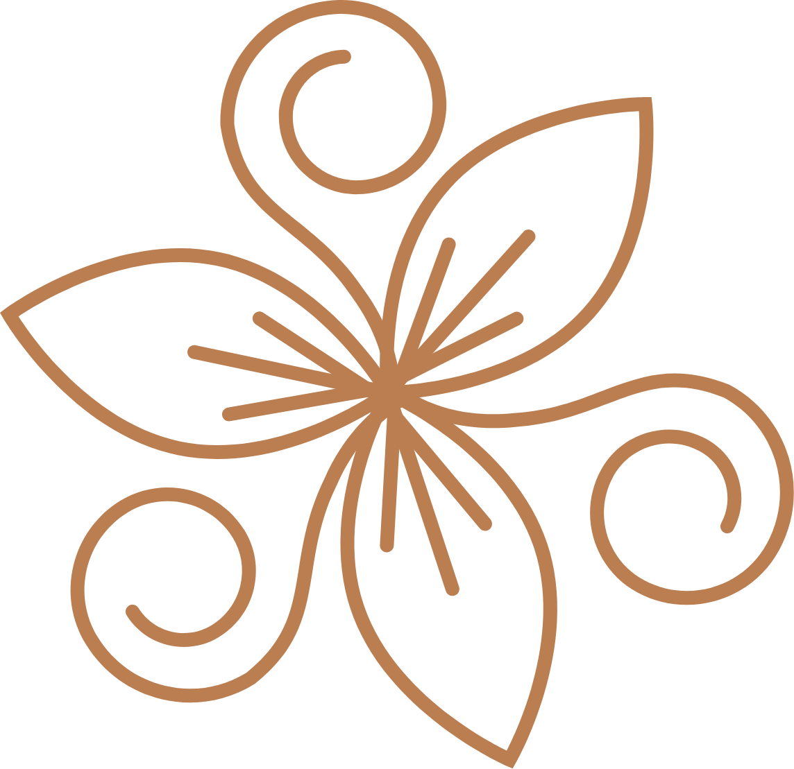 Outline drawing of a stylized flower with five leaves and intricate swirl details, in a copper color on a black background.