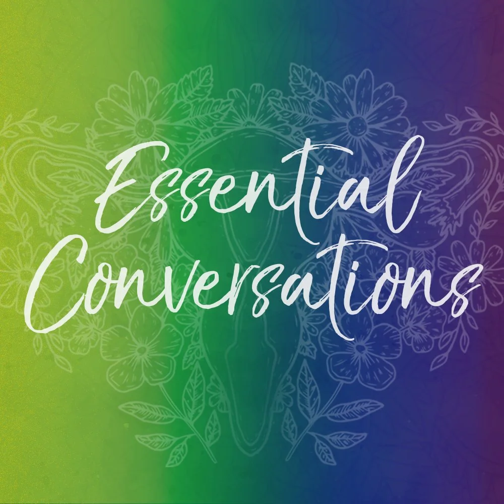 Text saying 'Essential Conversations' over a background with gradient colors from yellow to purple and white floral illustrations.