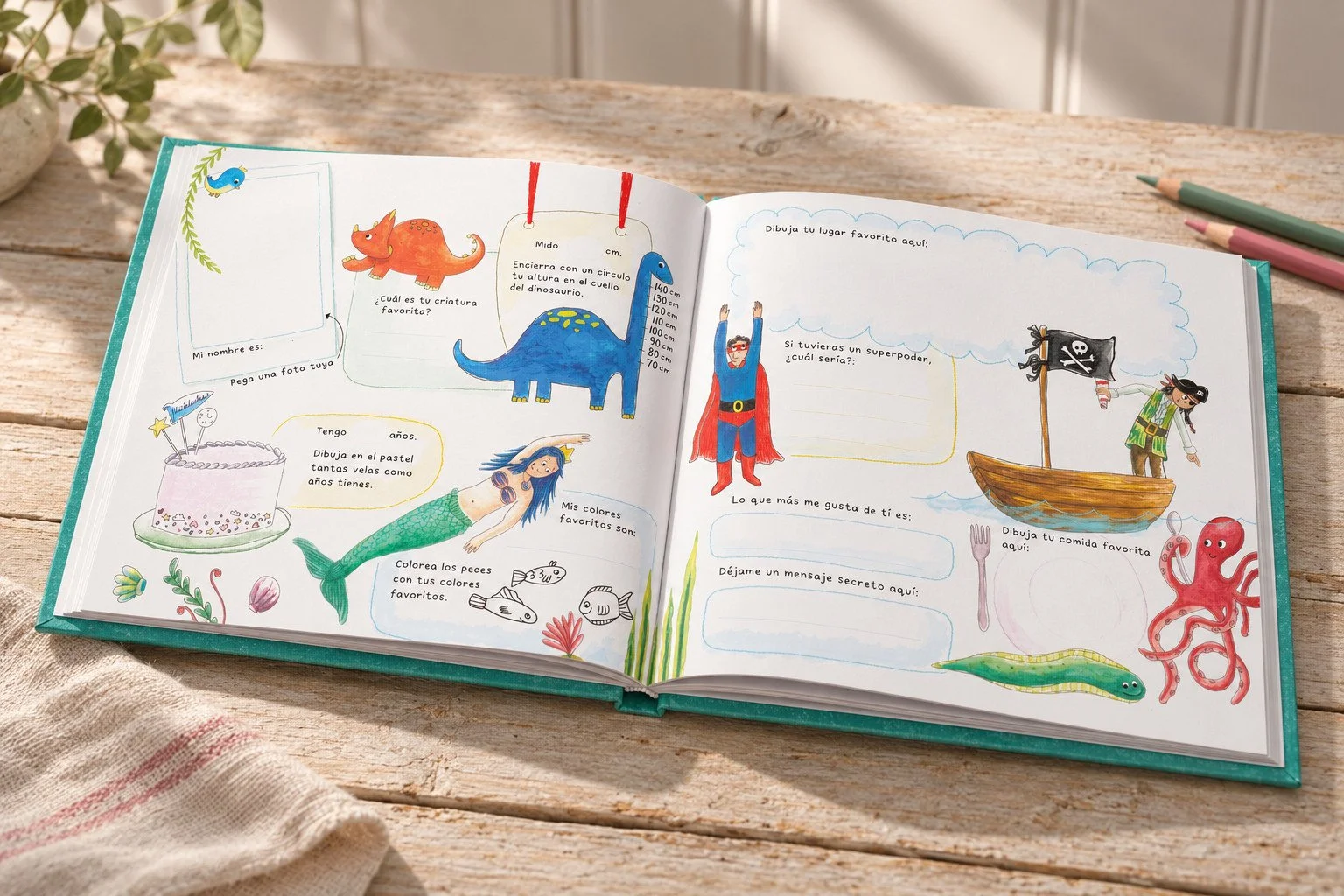 Mi Libro de Amigos abierto sobre madera clara, con ilustraciones y actividades interiores.
