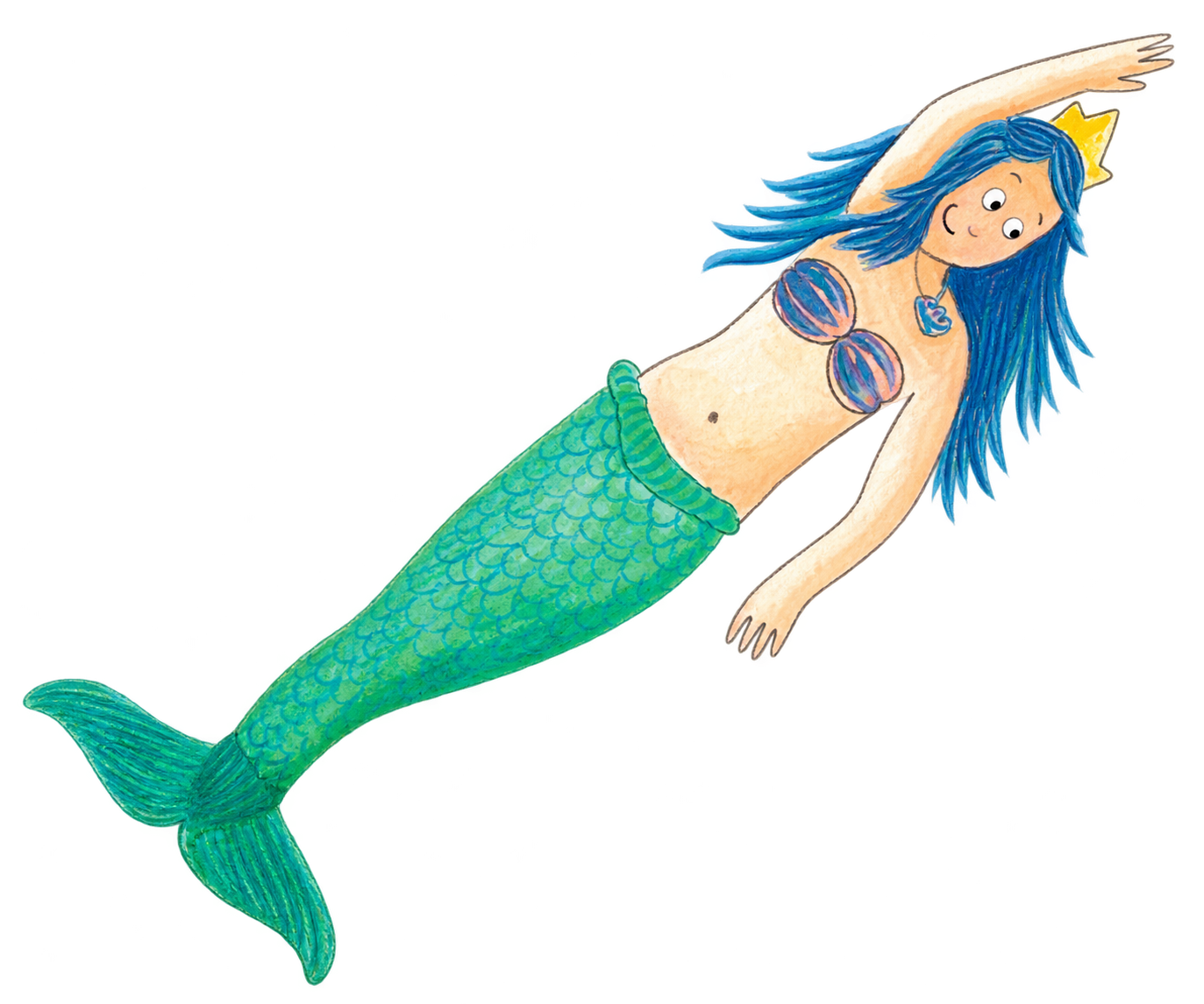Sirena de cabello azul y cola verde, basada en la ilustración de María Hunter para Mi Libro de Amigos.