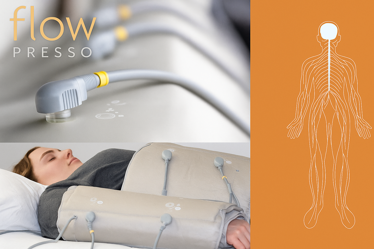 A woman lying on a bed undergoing a medical or therapeutic procedure with electronic pads attached to her body and wires connecting to a machine, with an illustration of the human nervous system on the right.