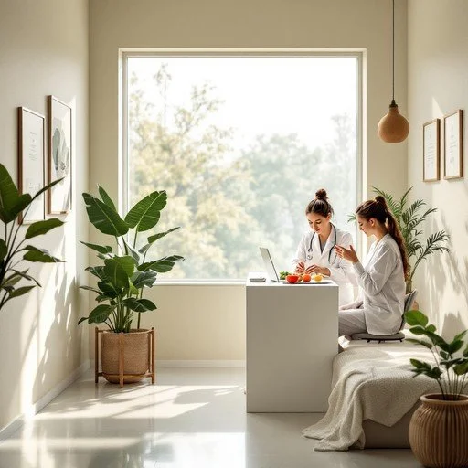 Two medical professionals in white coats sitting at a table in a bright room filled with plants and natural light, working on a laptop and reviewing documents.