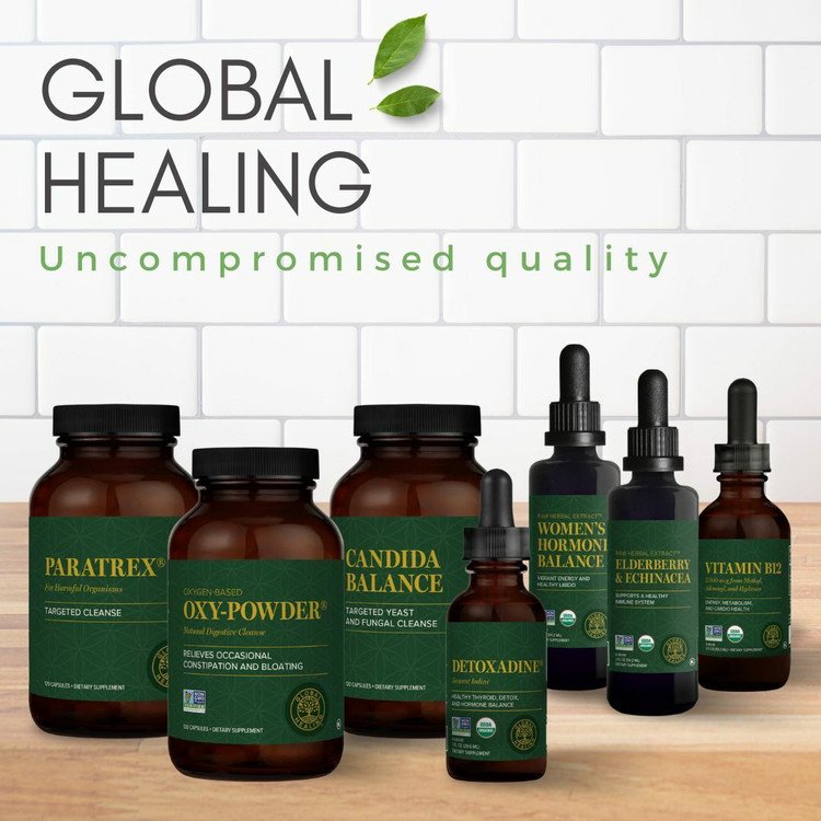 Collection of health supplement bottles on a wooden surface with a white tiled wall in the background, including products labeled Paratrex, Oxy Powder, Candida Balance, Detoxadine, Women's Hormone Balance, Elderberry & Echinacea, and Vitamin B12.