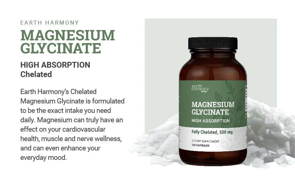 Bottle of Earth Harmony Magnesium Glycinate dietary supplement with white crystals in the background.