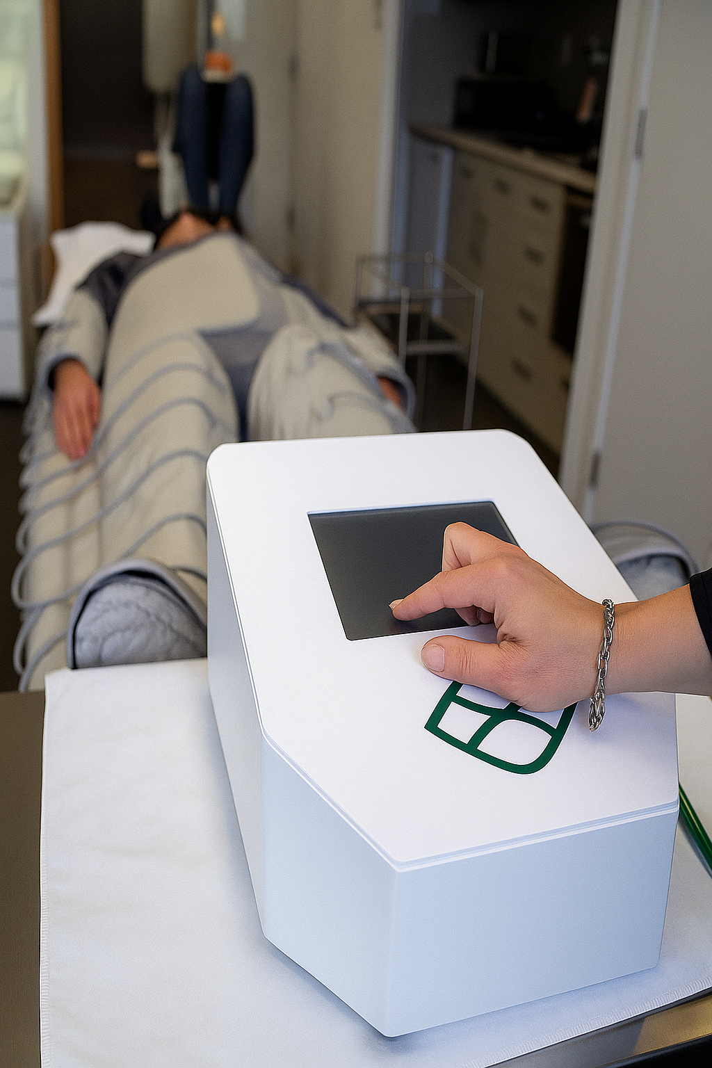 A person lying on a hospital bed with an oxygen mask, with another person's hand pressing a button on a piece of medical equipment.