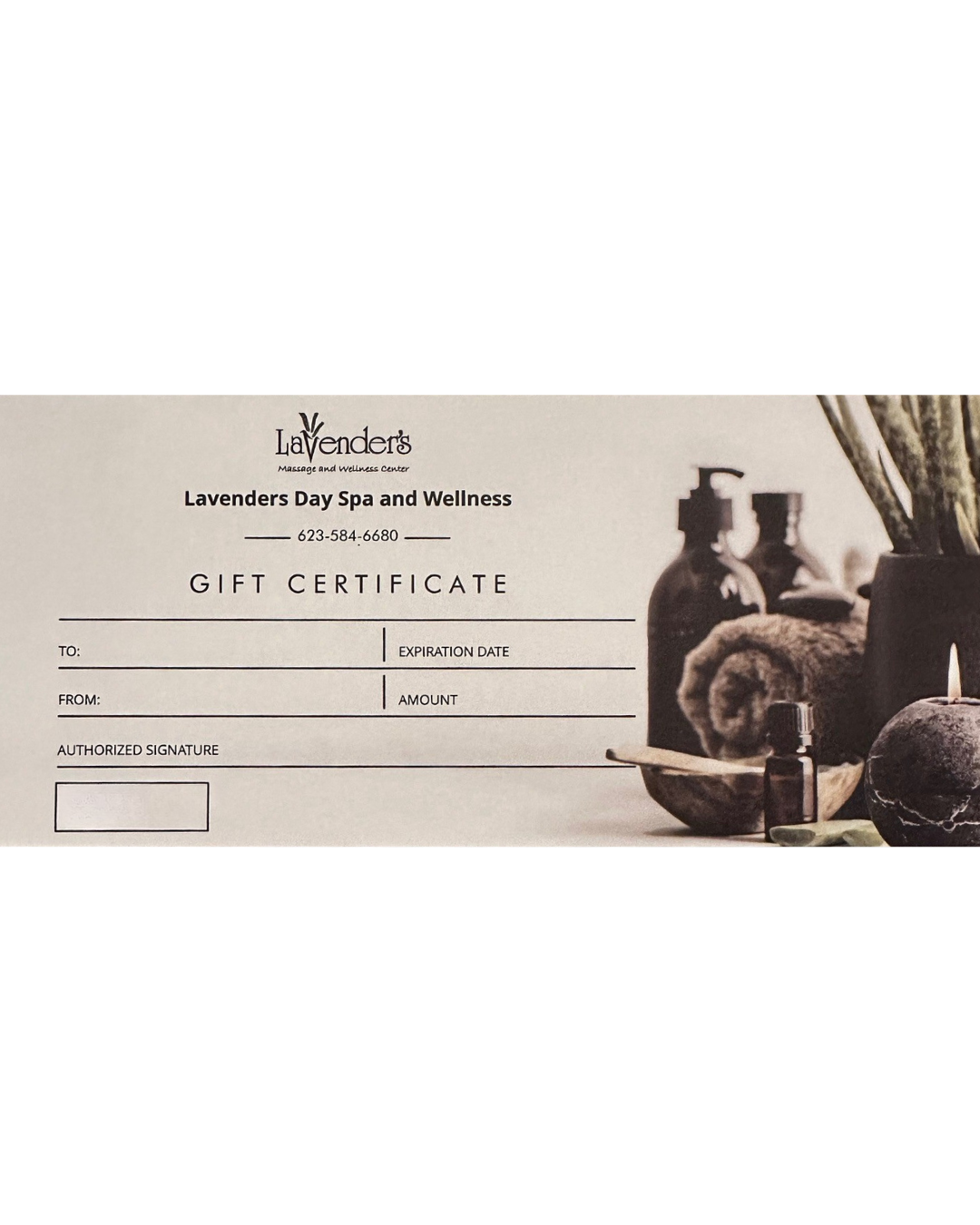 Gift certificate for a Surprise AZ Spa, with spa bottles and towels in the background.