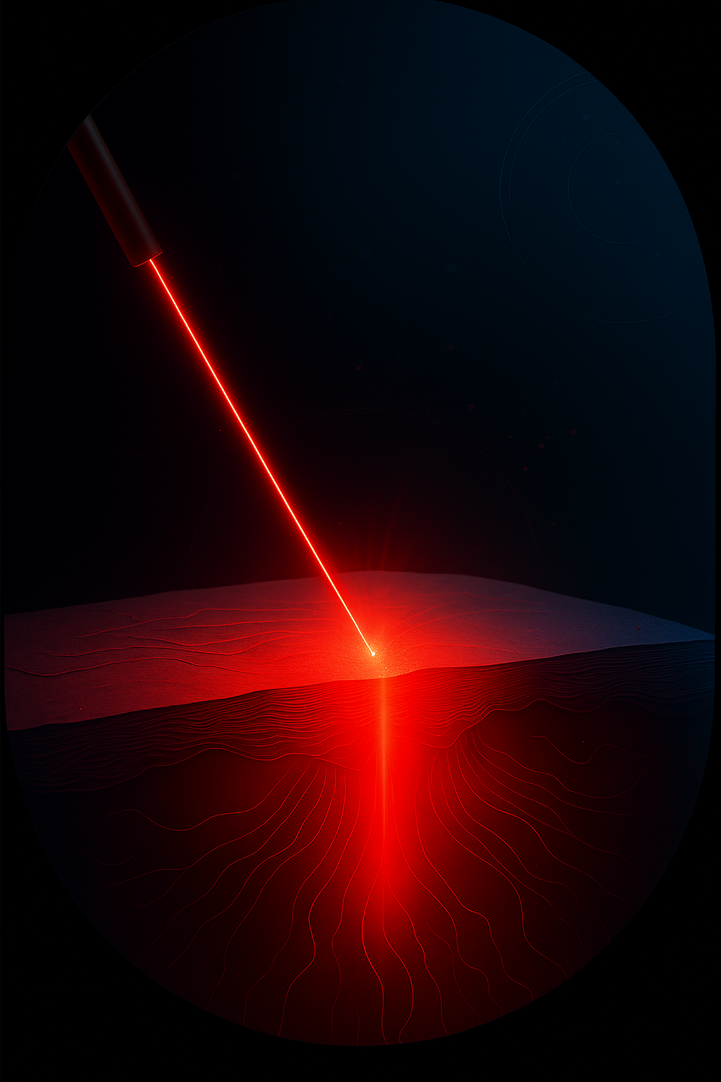 A digital illustration depicting a red laser beam striking the Earth's surface, with a luminous point of impact and surface contour lines. The background is dark, with faint celestial patterns.