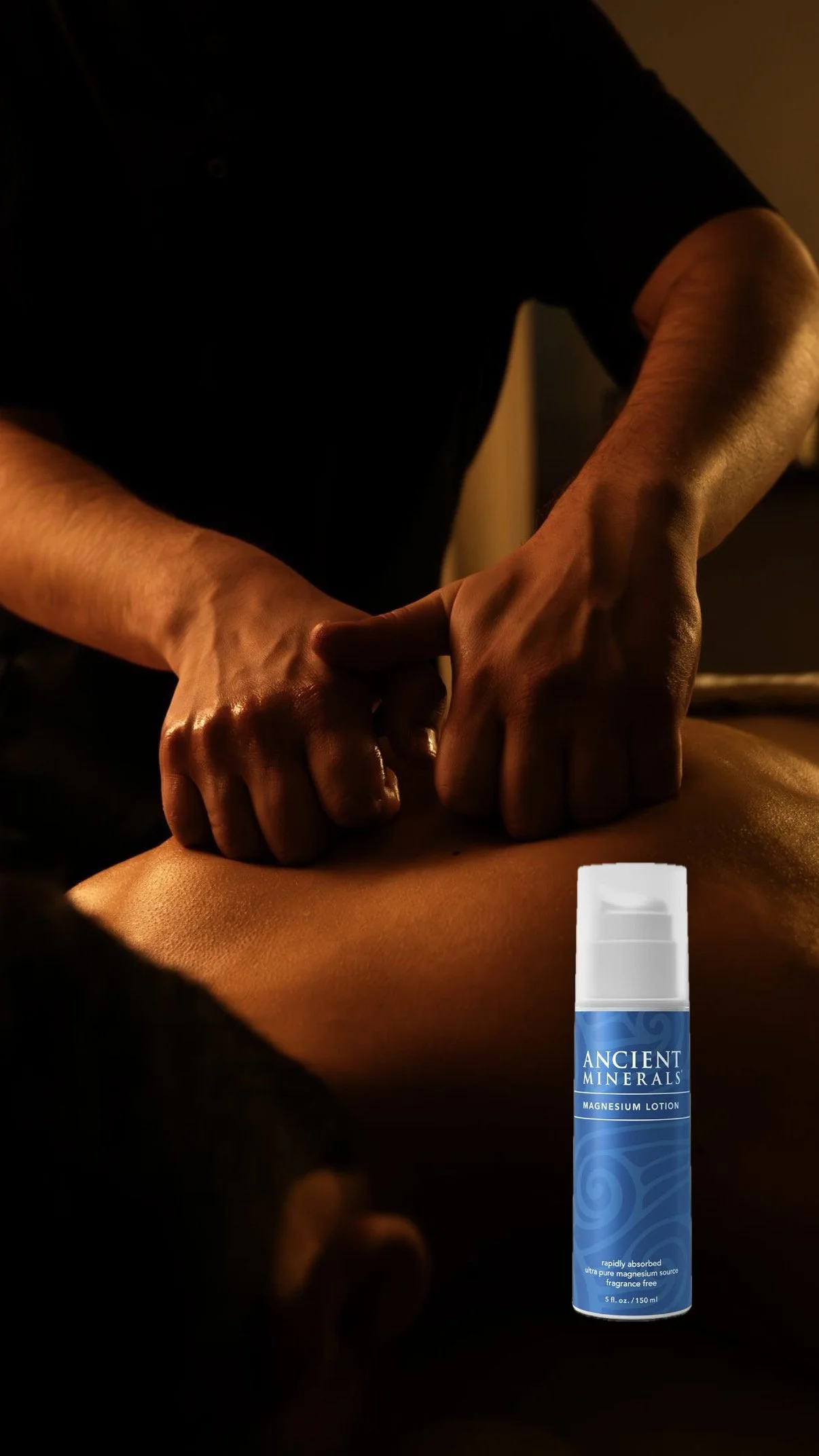 A person receiving a massage while a bottle of Ancient Minerals Magnesium Lotion is positioned at the bottom right of the image.