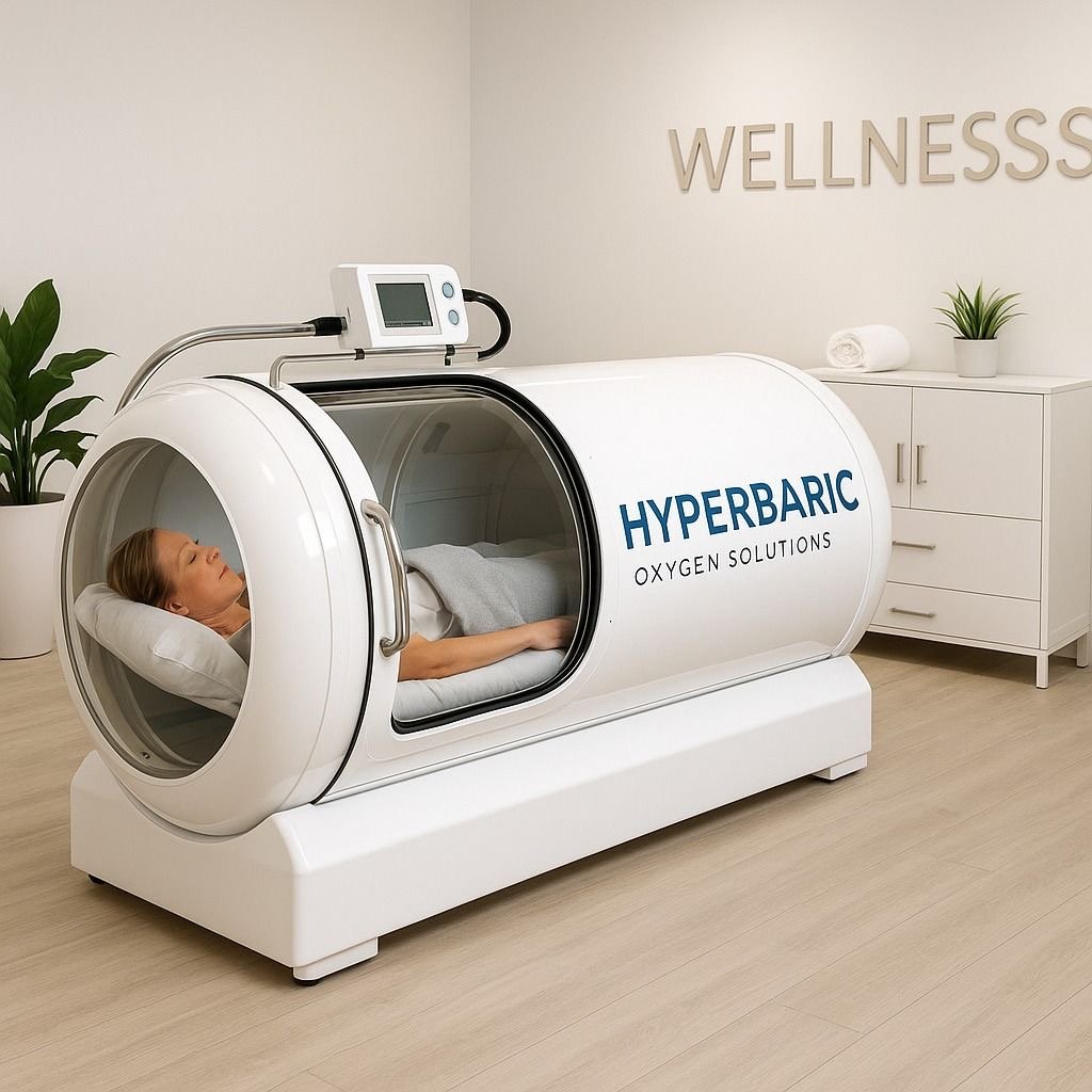 A woman undergoing hyperbaric oxygen therapy in a medical chamber labeled 'HYPERBARIC OXYGEN SOLUTIONS' in a wellness center.