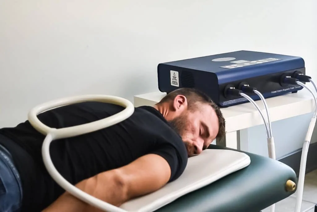 man lying on a medical examination table at Lavenders Day Spa and Total Wellness Surprise AZ, connected to a medical device for PEMF therapy.