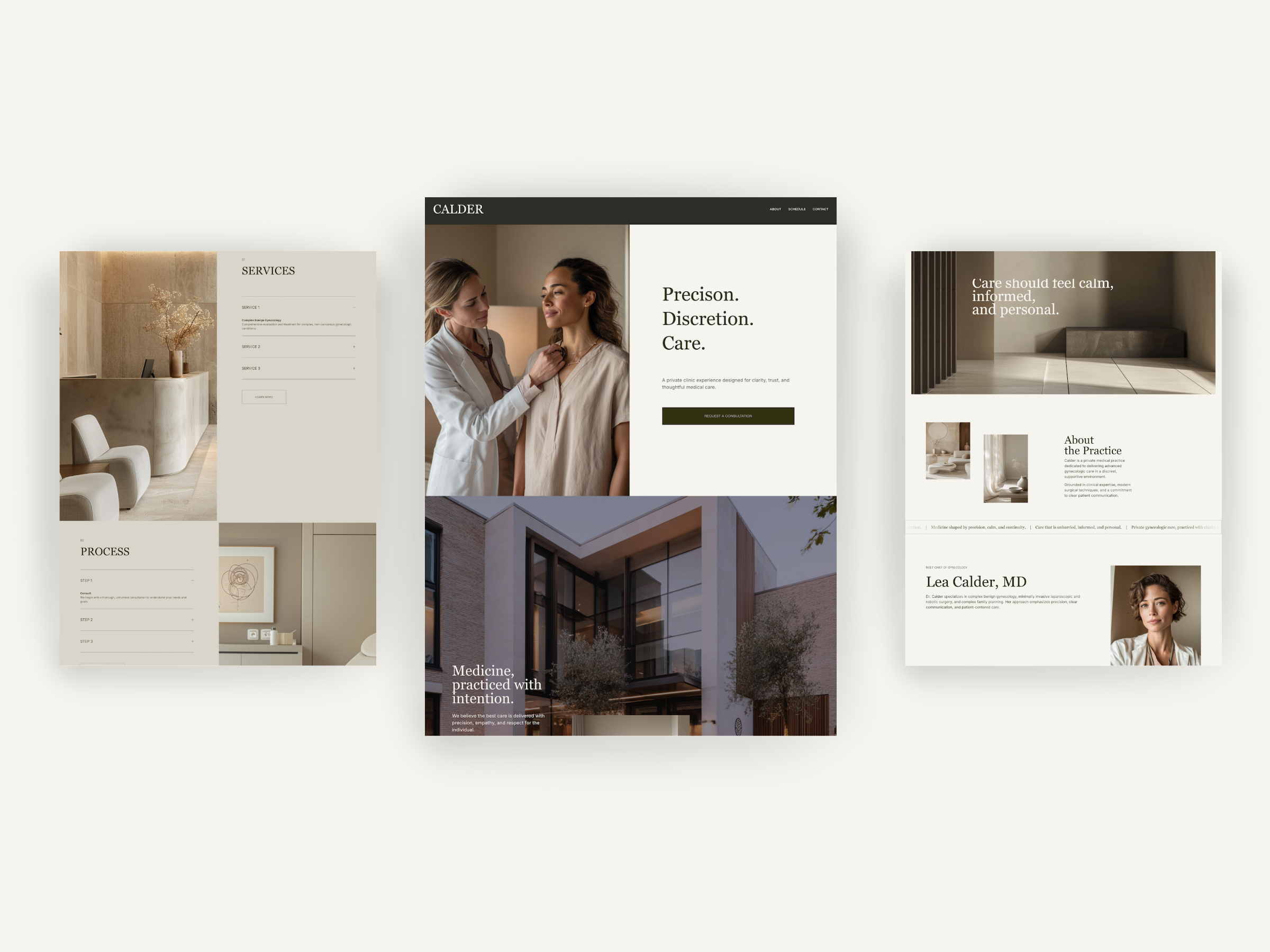 Screenshots of a medical practice website with sections for services, process, about, and contact, featuring images of a hospital, medical staff, and modern interior design.