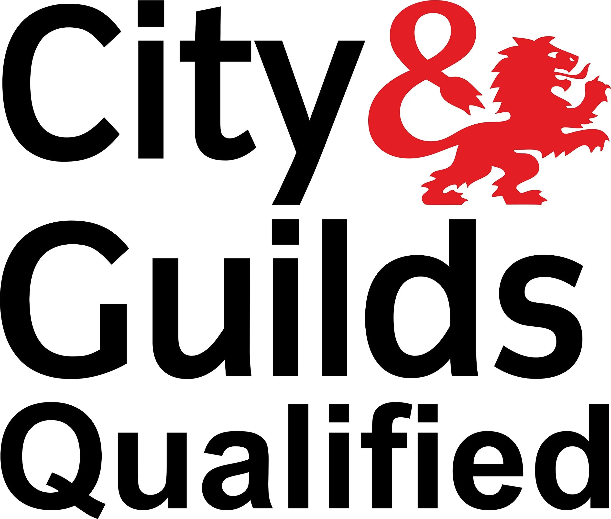 Logo for City & Guilds with bold black text and a red lion icon.