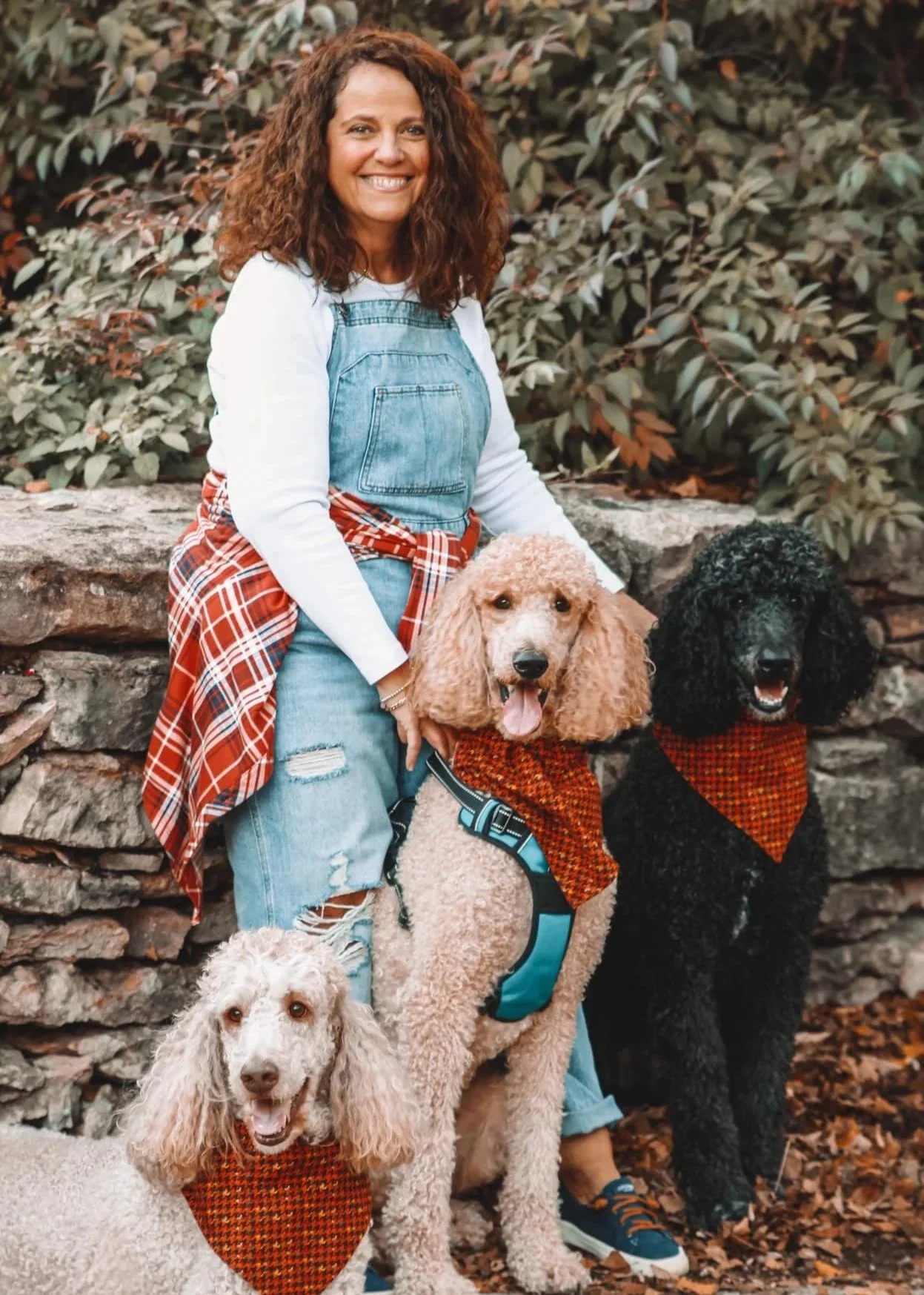 A woman with curly red hair smiling outdoors with three poodles, two wearing red bandanas, against a stone wall and leafy background.