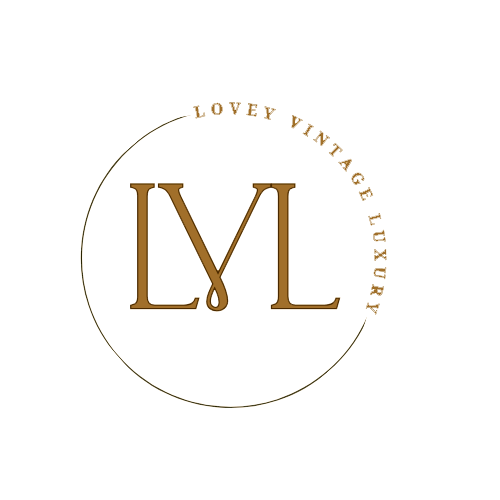 Vintage luxury logo with the letters 'L' 'V' 'L' inside a circle, surrounded by the text 'Lovely Vintage Luxury' in gold on a black background.