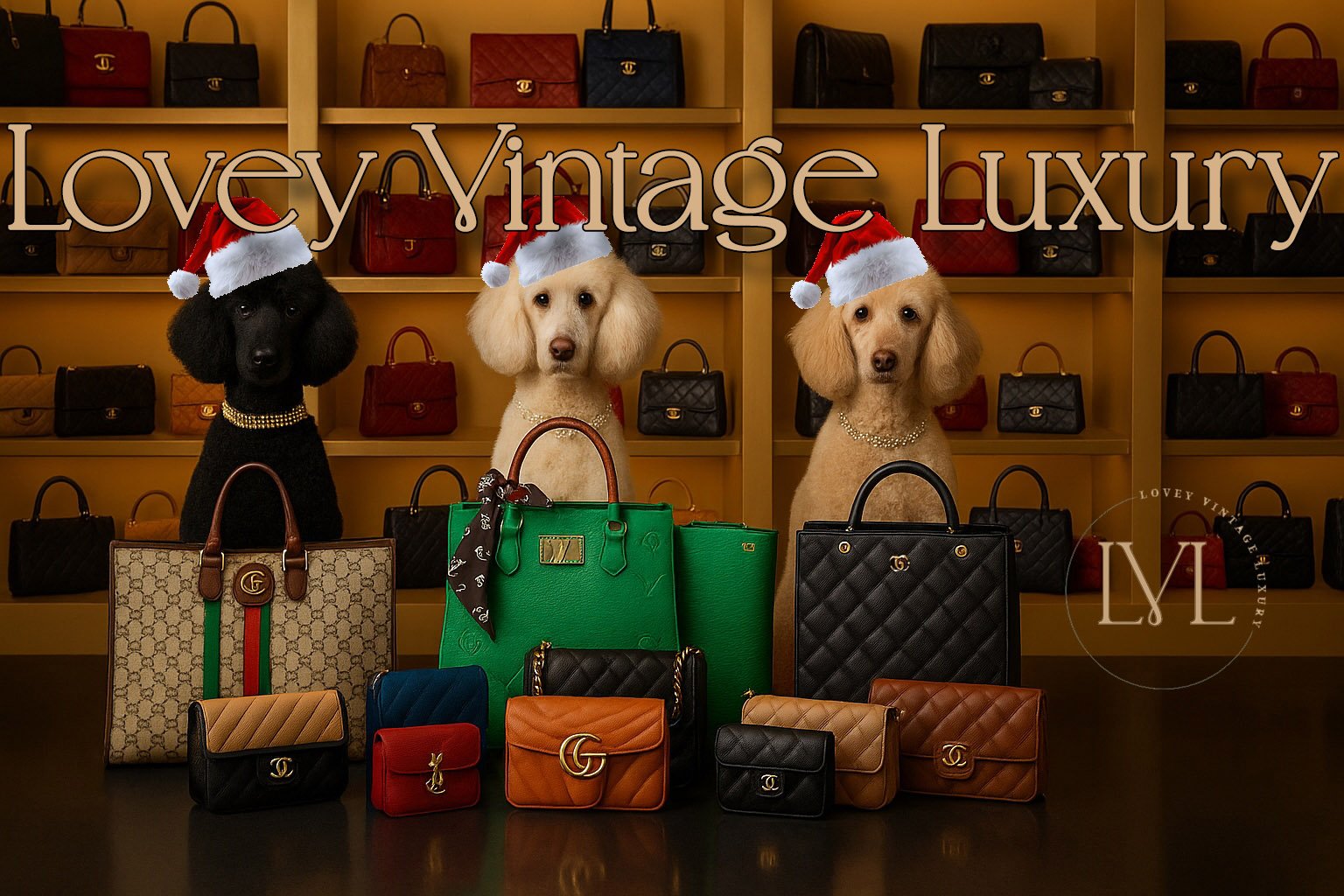 Display of luxury handbags and wallets with three dogs wearing Santa hats in front, in a boutique setting.