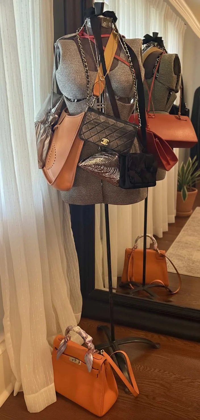 Display of multiple handbags on a mannequin and on the floor, with a large mirror and curtains in the background.