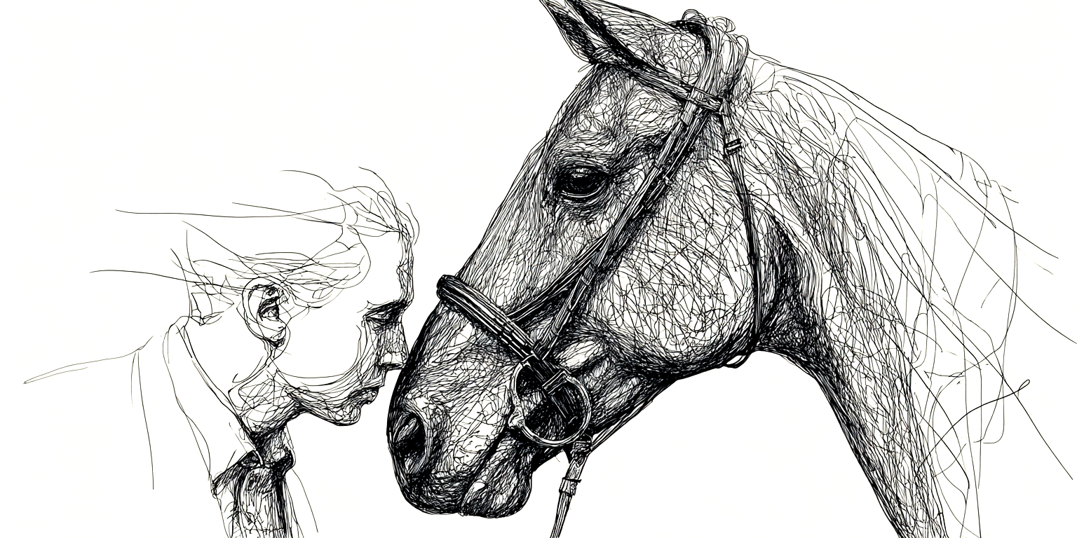 Line drawing of a person facing a horse, nose to nose, with their foreheads touching.
