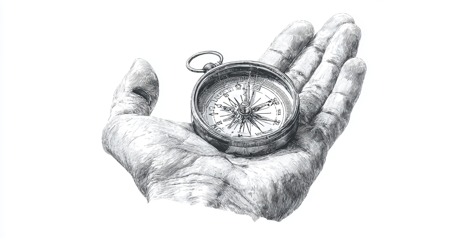 A black and white sketch of a human hand holding a compass.