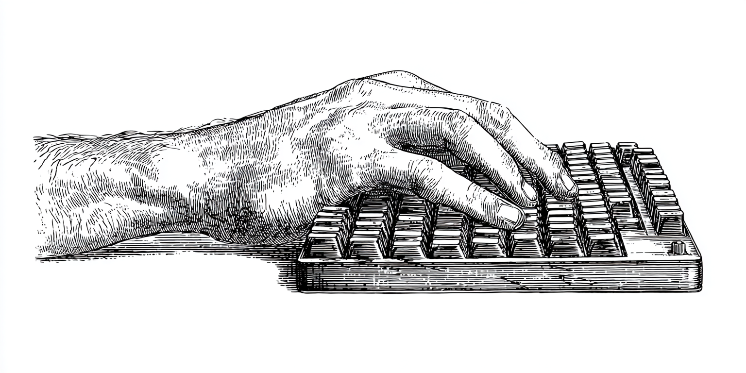 A detailed black-and-white illustration of a human hand typing on a computer keyboard.