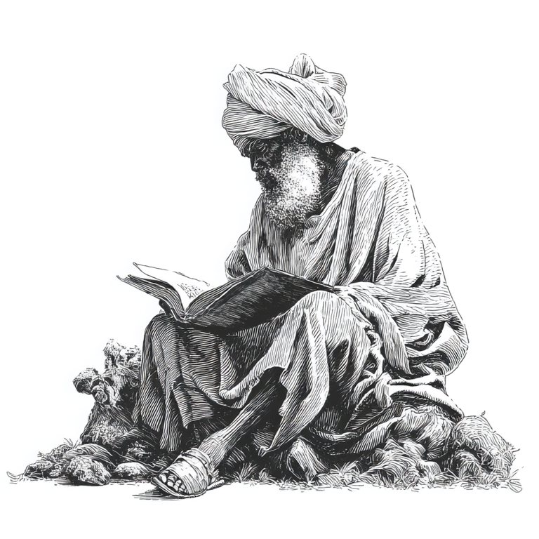 Black and white illustration of an elderly man with a beard, wearing a turban and traditional robes, sitting on the ground and reading a book.