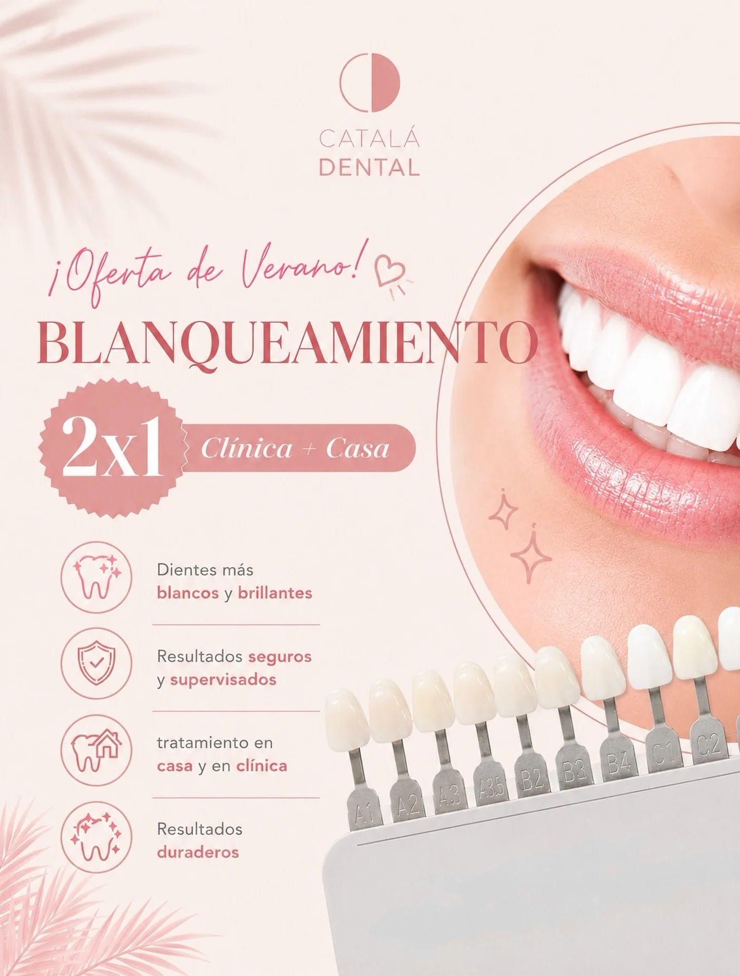 ☀️✨ &iexcl;Oferta de Verano en Catal&aacute; Dental! ✨☀️

Este verano luce una sonrisa m&aacute;s blanca y brillante con nuestro blanqueamiento dental 2x1.

🦷 Tratamiento combinado:
&bull; Sesi&oacute;n en cl&iacute;nica
&bull; Kit para continuar en