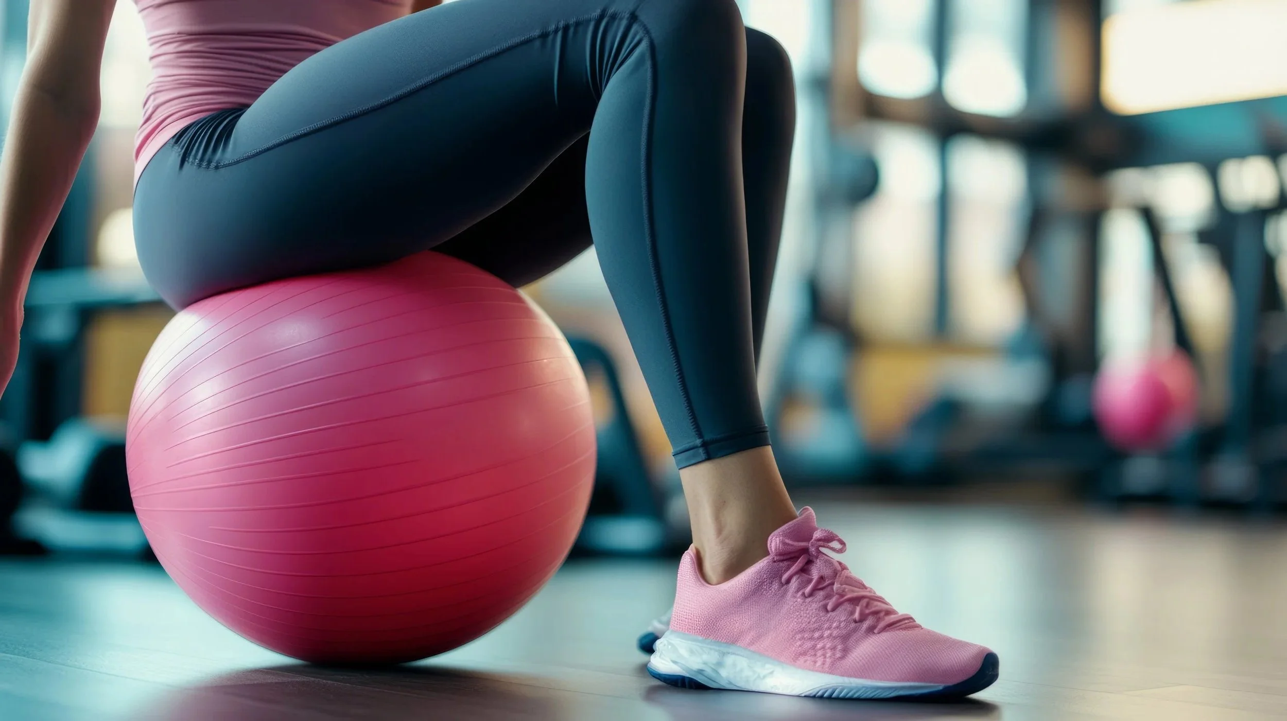 Person sitting on a pink exercise ball wearing black leggings and pink running shoes in a gym.