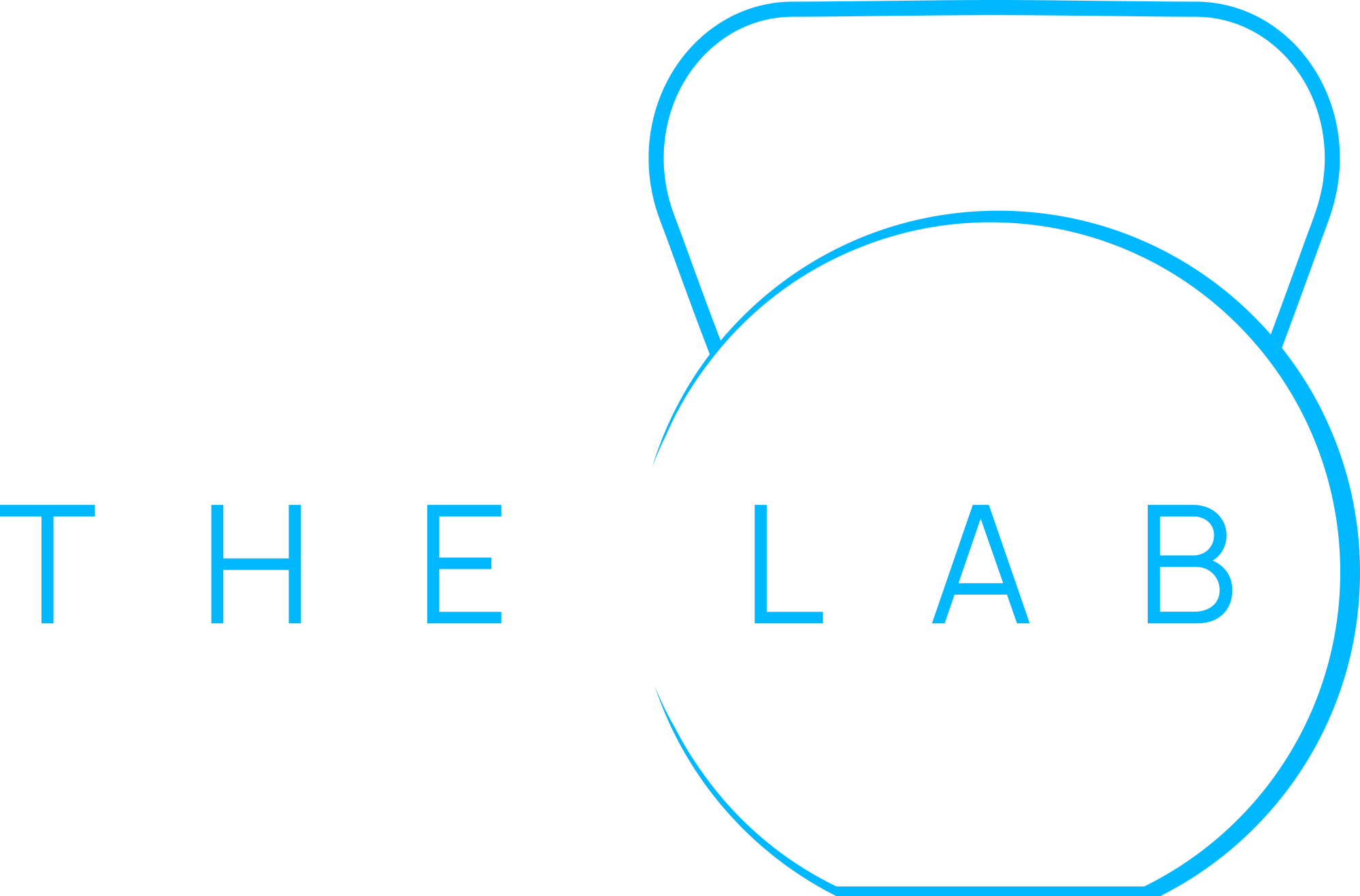 Logo for The Lab with a black background, featuring stylized text in blue and black, and a blue outline of a kettlebell.