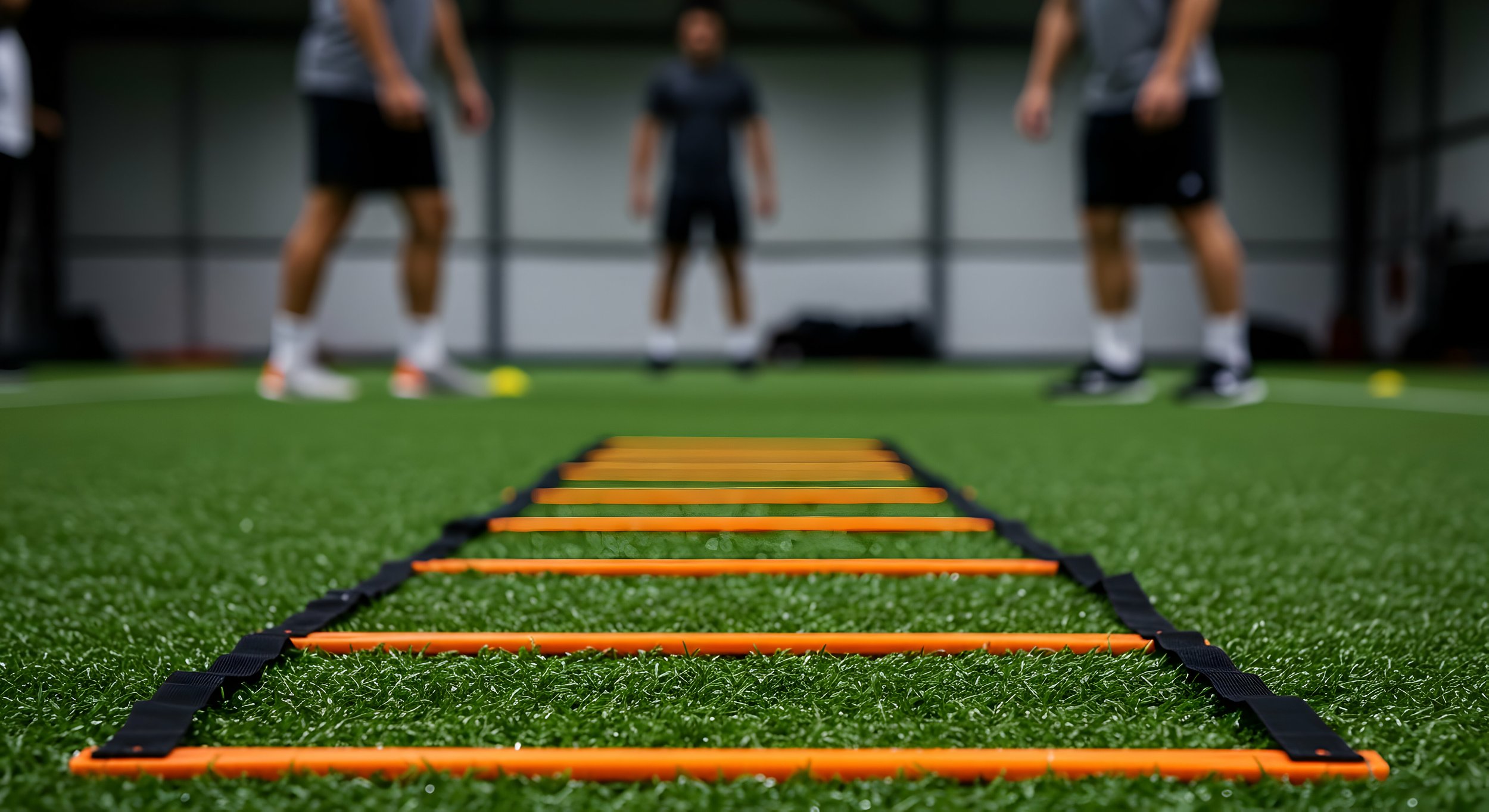 Indoor sports training with agility ladder on green turf, three athletes in the background, focusing on footwork drills.