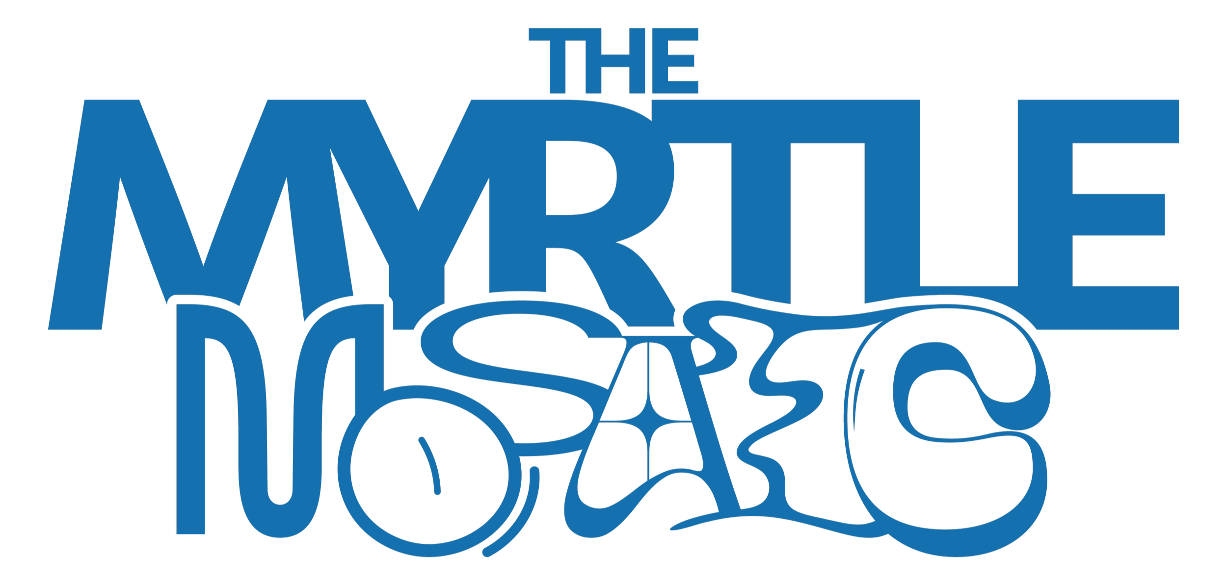 Typography art with the words 'The Myrtle Mosaic' at the top, 'Myrtle' and 'Mosaic' in large blue letters with artistic elements resembling a mosaic at the bottom.