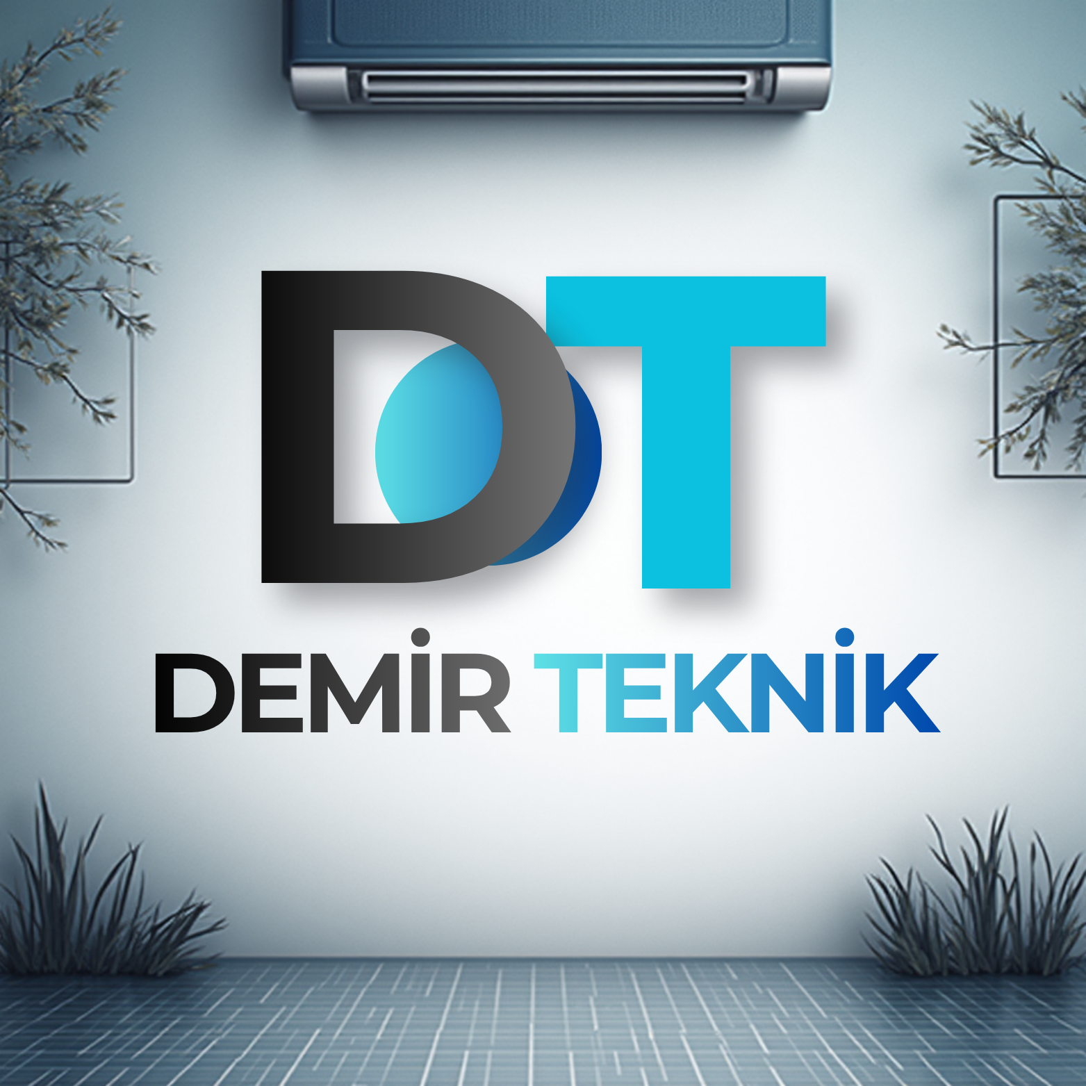 DİT DEMİR TEKNİK yazısı, şirket logosu, arka planda bitki ve bilgisayarın bulunduğu ofis ortamı.