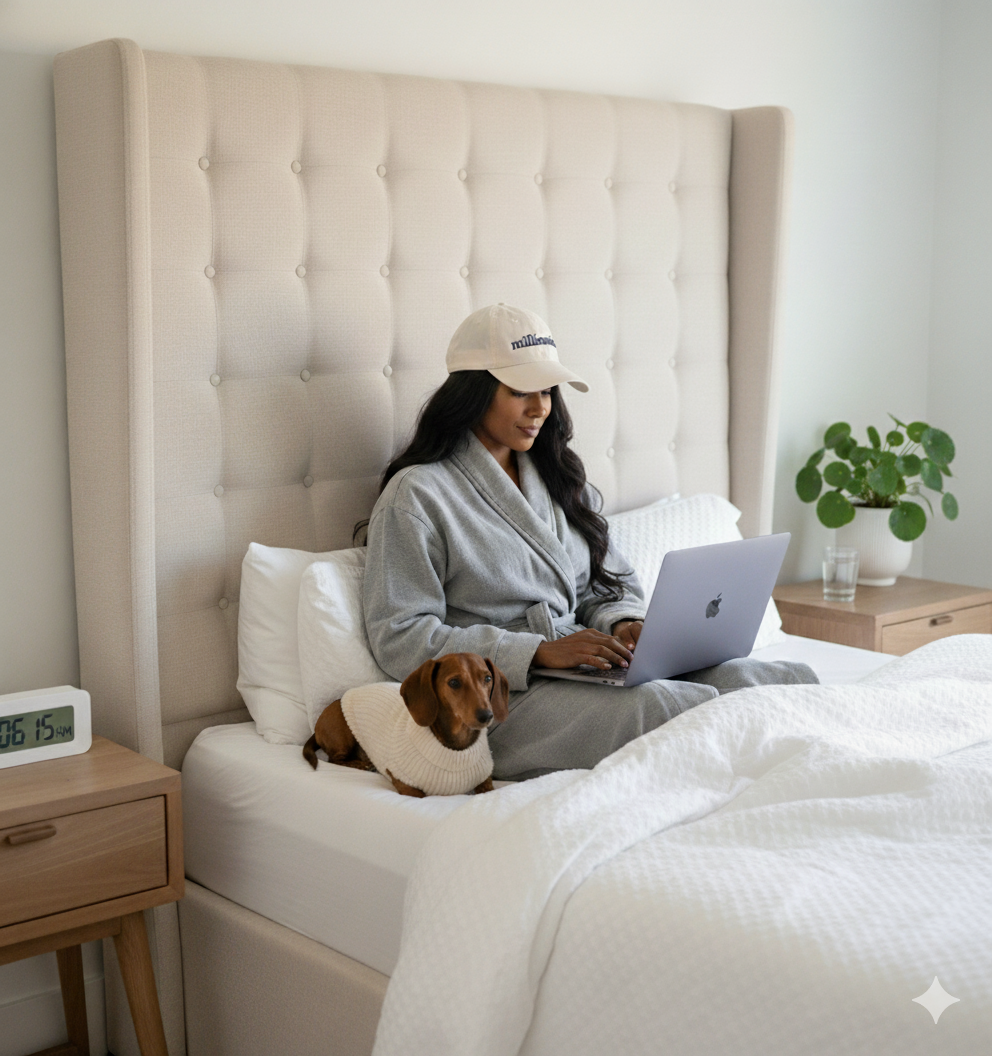 A woman with long dark hair wearing a gray robe and white cap sitting on a white bed with a small brown dog wearing a white sweater, working on a silver MacBook. The bedroom has light-colored walls, a beige tufted headboard, a wooden nightstand with a clock, a glass of water, and a potted plant.