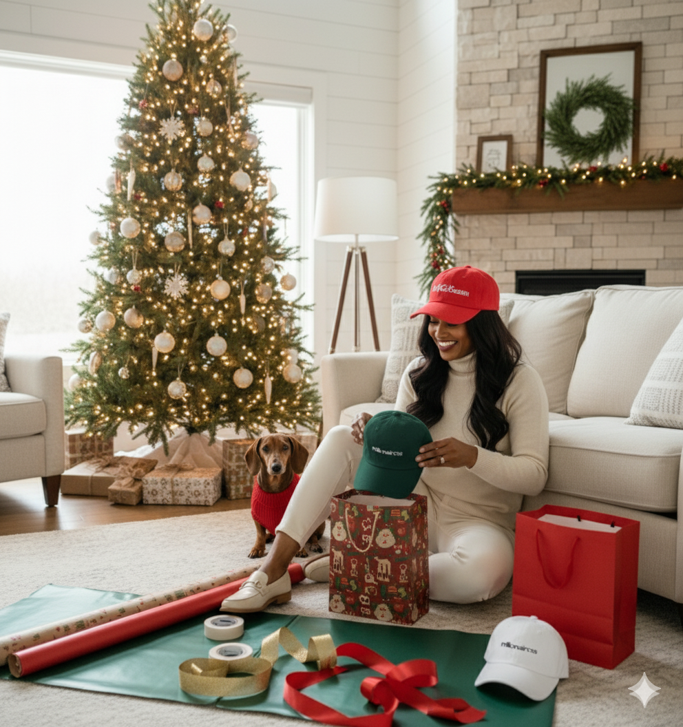A woman in a white sweater, white pants, and white sneakers, wearing a red cap, is sitting on a beige rug in a living room decorated for Christmas. She is smiling and holding a green cap, with a small brown dog in a red sweater sitting nearby. Behind her, a decorated Christmas tree with white ornaments and string lights, and a fireplace with a wreath and garland are visible. Several Christmas gifts, ribbons, and caps are scattered around her.