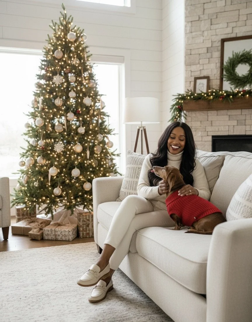 A woman sitting on a white sofa with a brown dog wearing a red sweater, in a living room decorated for Christmas with a lit Christmas tree and wrapped presents underneath.