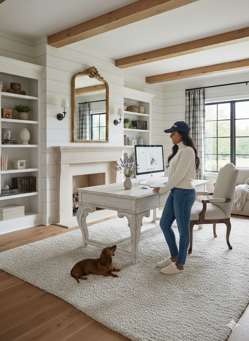A woman working at a desk in a cozy, well-lit living room with a dog lying on a rug.