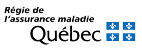Logo de la Régie de l'assurance maladie du Québec avec un symbole de cinq carrés bleus contenant des étoiles.