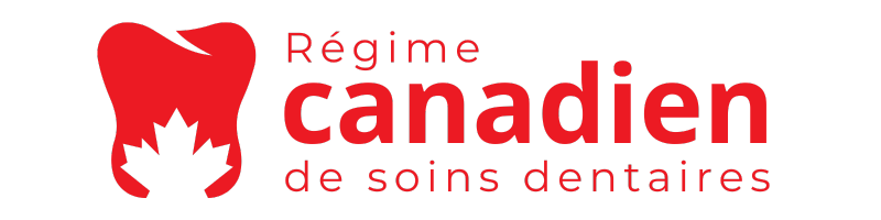 Logo avec une dent stylisée en rouge et un flocon de neige à l'intérieur, texte 'Régime canadien de soins dentaires' en rouge sur un fond noir.
