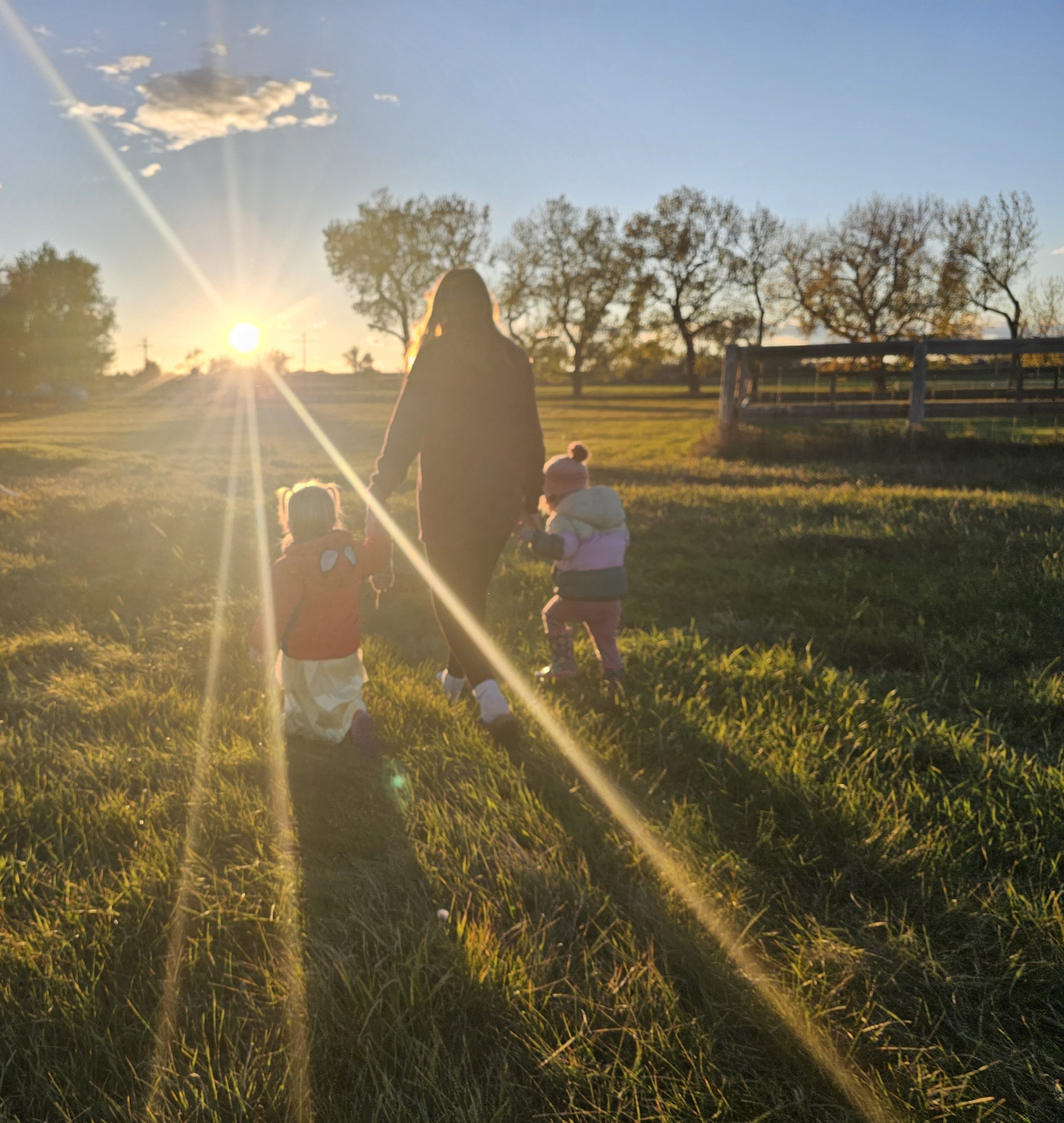 A woman walking with two children in a grassy field during sunset, with rays of sunlight and trees in the background.